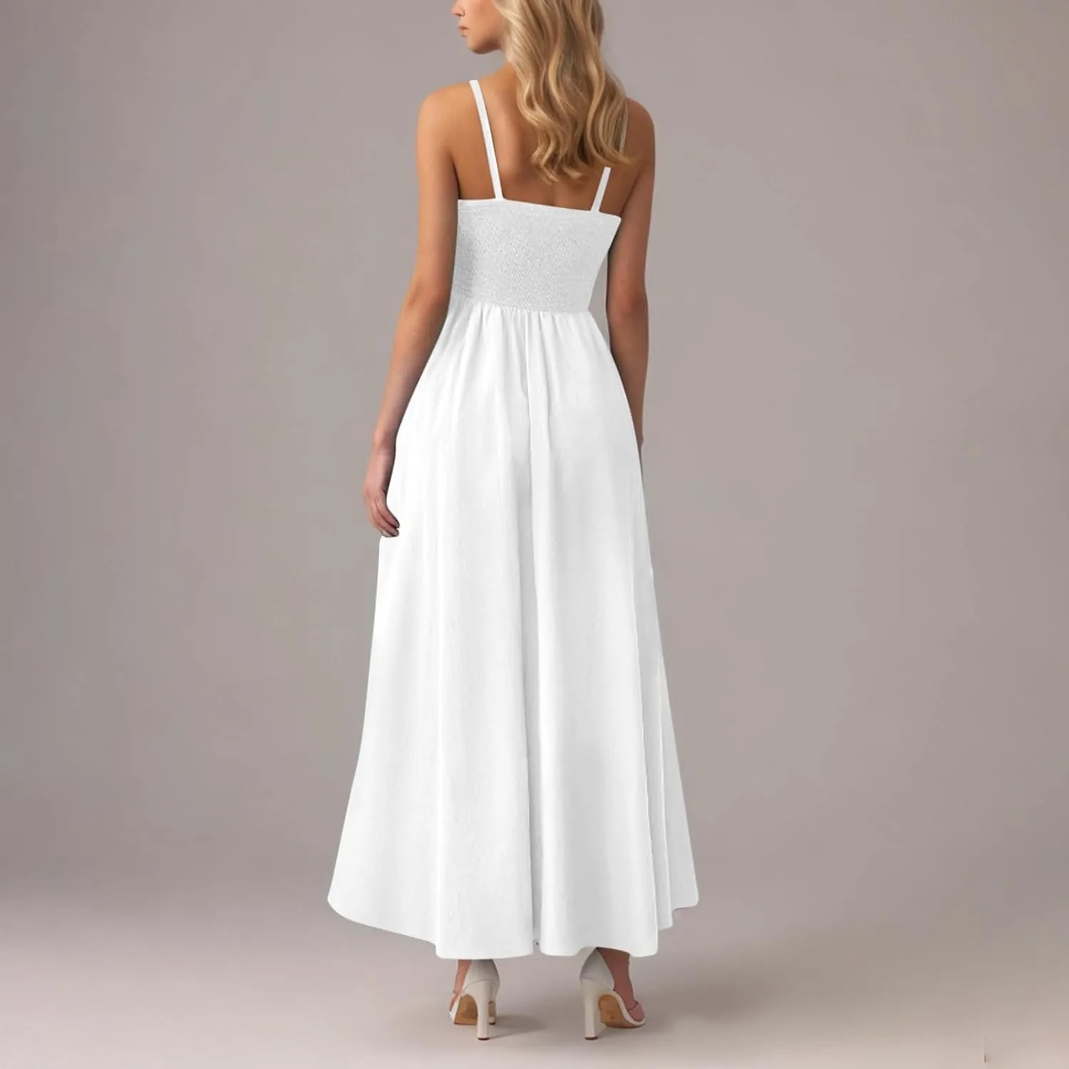 Smocked Maxi Dresses for Women Summer Beach Sundress Casual Spaghetti Strap Flowy A Line Swing Long Dress with Pockets