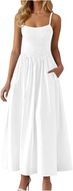 Smocked Maxi Dresses for Women Summer Beach Sundress Casual Spaghetti Strap Flowy A Line Swing Long Dress with Pockets