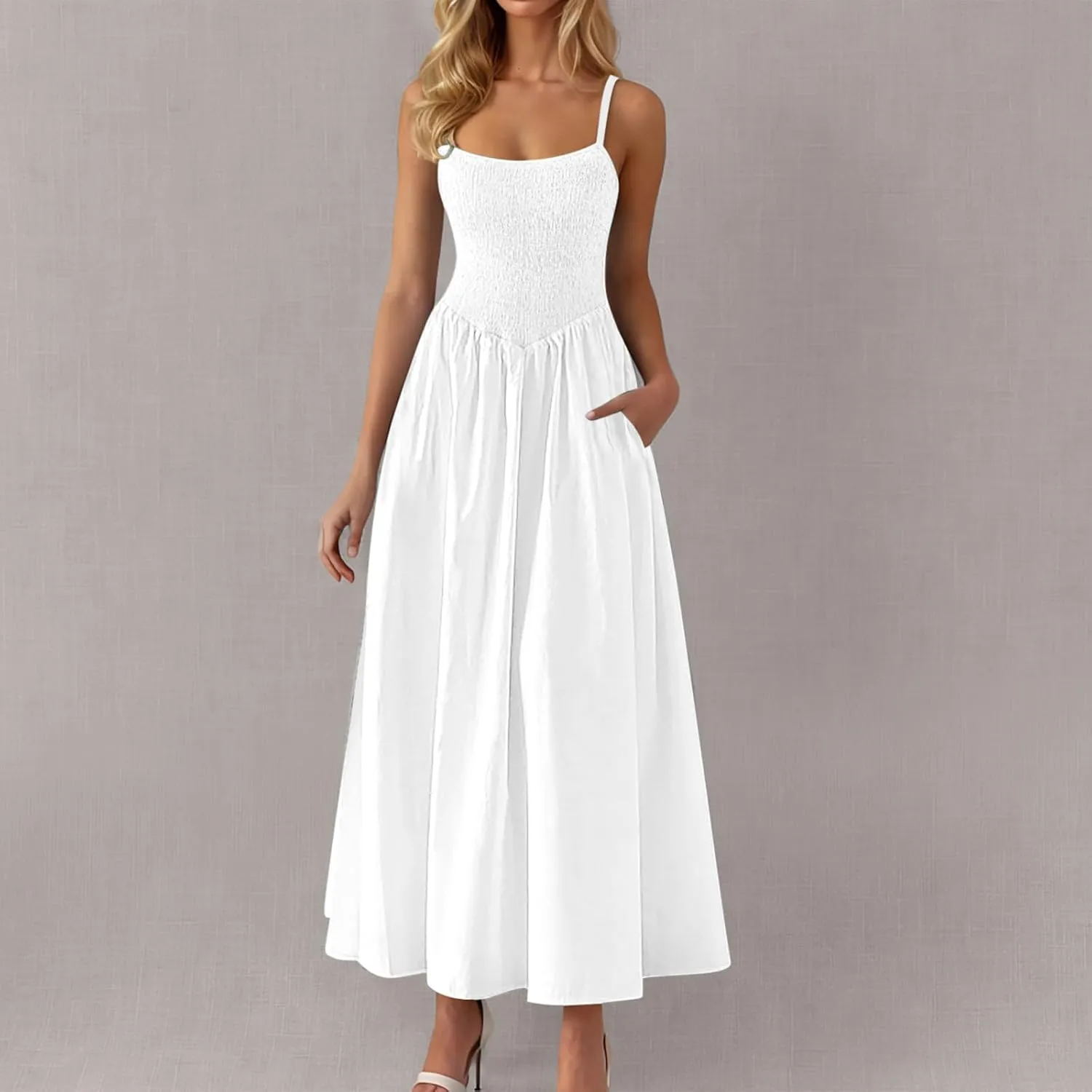 Smocked Maxi Dresses for Women Summer Beach Sundress Casual Spaghetti Strap Flowy A Line Swing Long Dress with Pockets