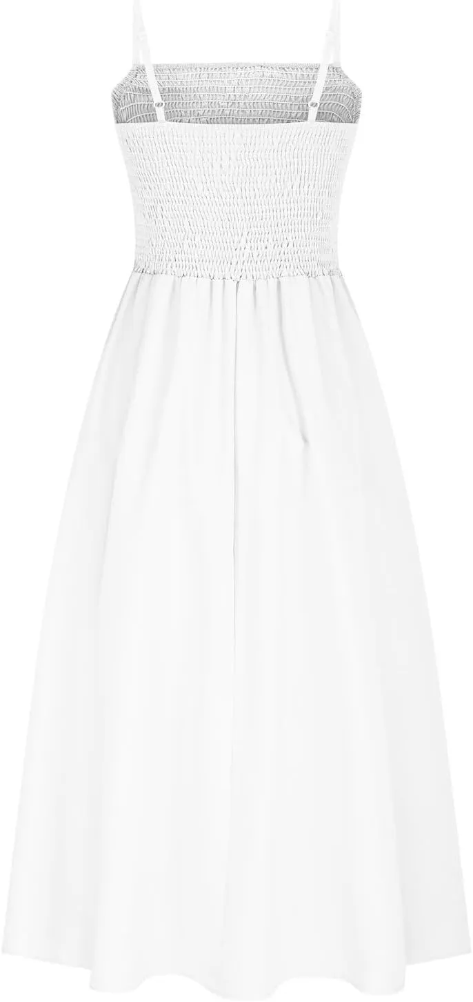 Smocked Maxi Dresses for Women Summer Beach Sundress Casual Spaghetti Strap Flowy A Line Swing Long Dress with Pockets