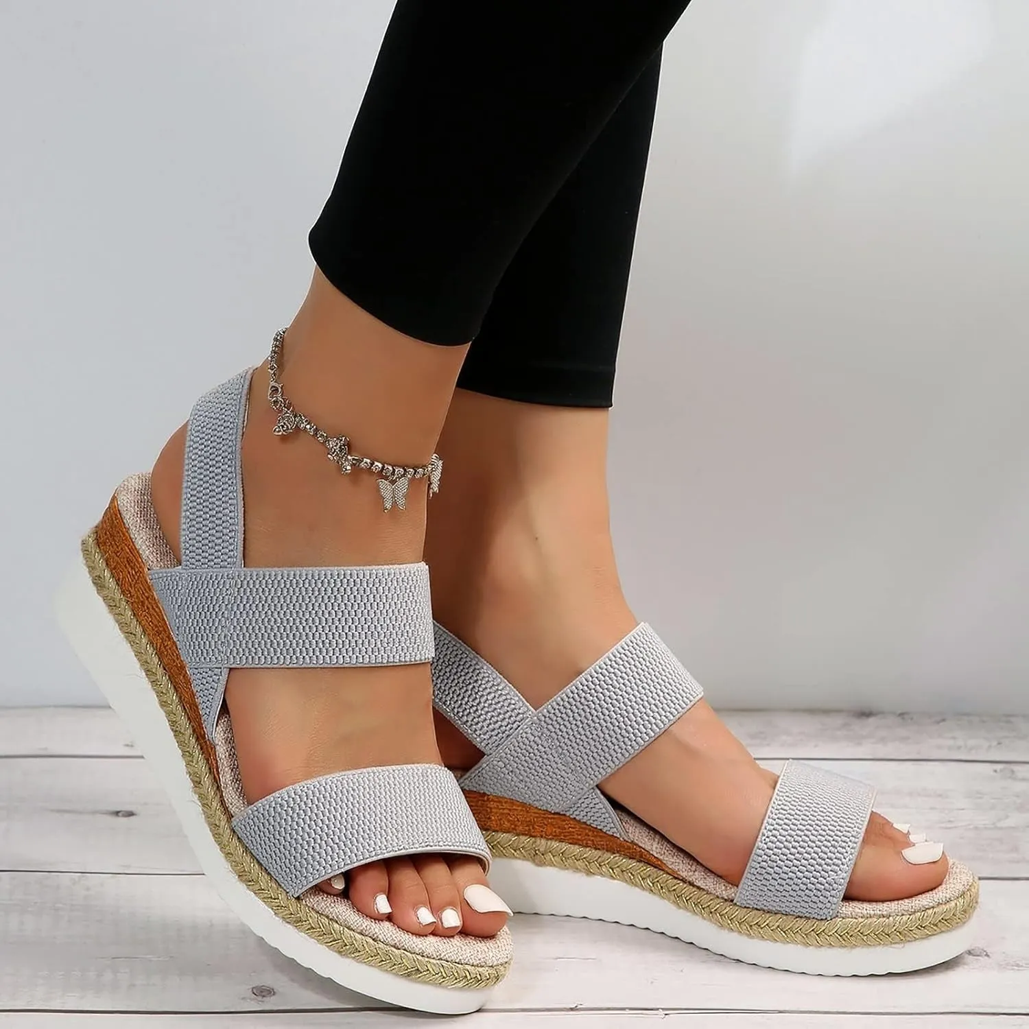Smoneyful Womens Orthopedic Wedge Sandals Comfortable Flat Platform with Elastic Toe Strap Open Toe Ankle Strap Summer Dressy Casual Arch Support for Outdoor & Beach Wear