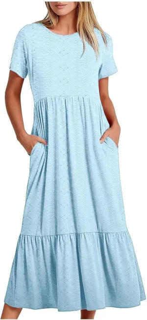 Spring Dresses for Women 2024 Trendy Short Sleeve Crewneck Flowy Tiered Midi Dress Casual Swing Beach Sundress with Pockets
