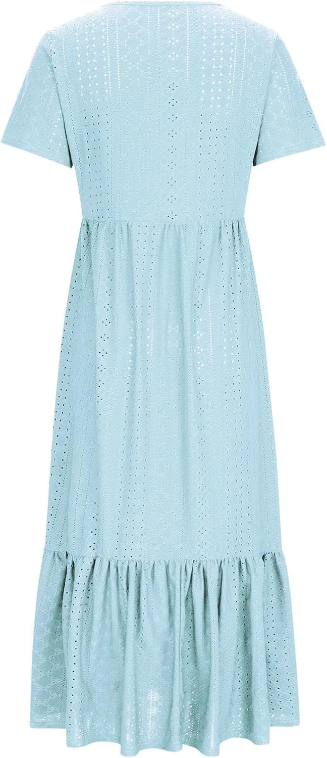 Spring Dresses for Women 2024 Trendy Short Sleeve Crewneck Flowy Tiered Midi Dress Casual Swing Beach Sundress with Pockets