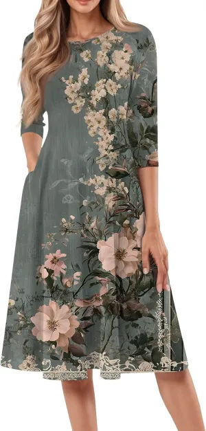 Spring Dresses for Women 2025 3/4 Sleeve Round Neck Church Dresses Pleated Knee Length Dress with Pockets Curvy Dress
