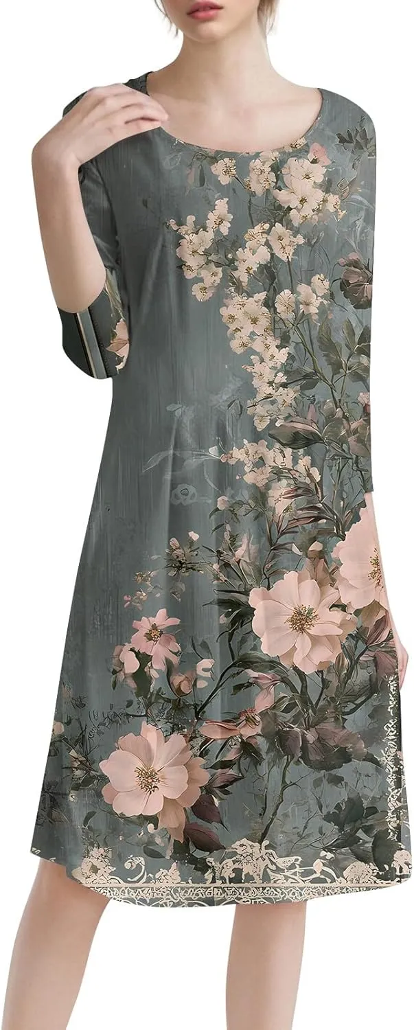 Spring Dresses for Women 2025 3/4 Sleeve Round Neck Church Dresses Pleated Knee Length Dress with Pockets Curvy Dress