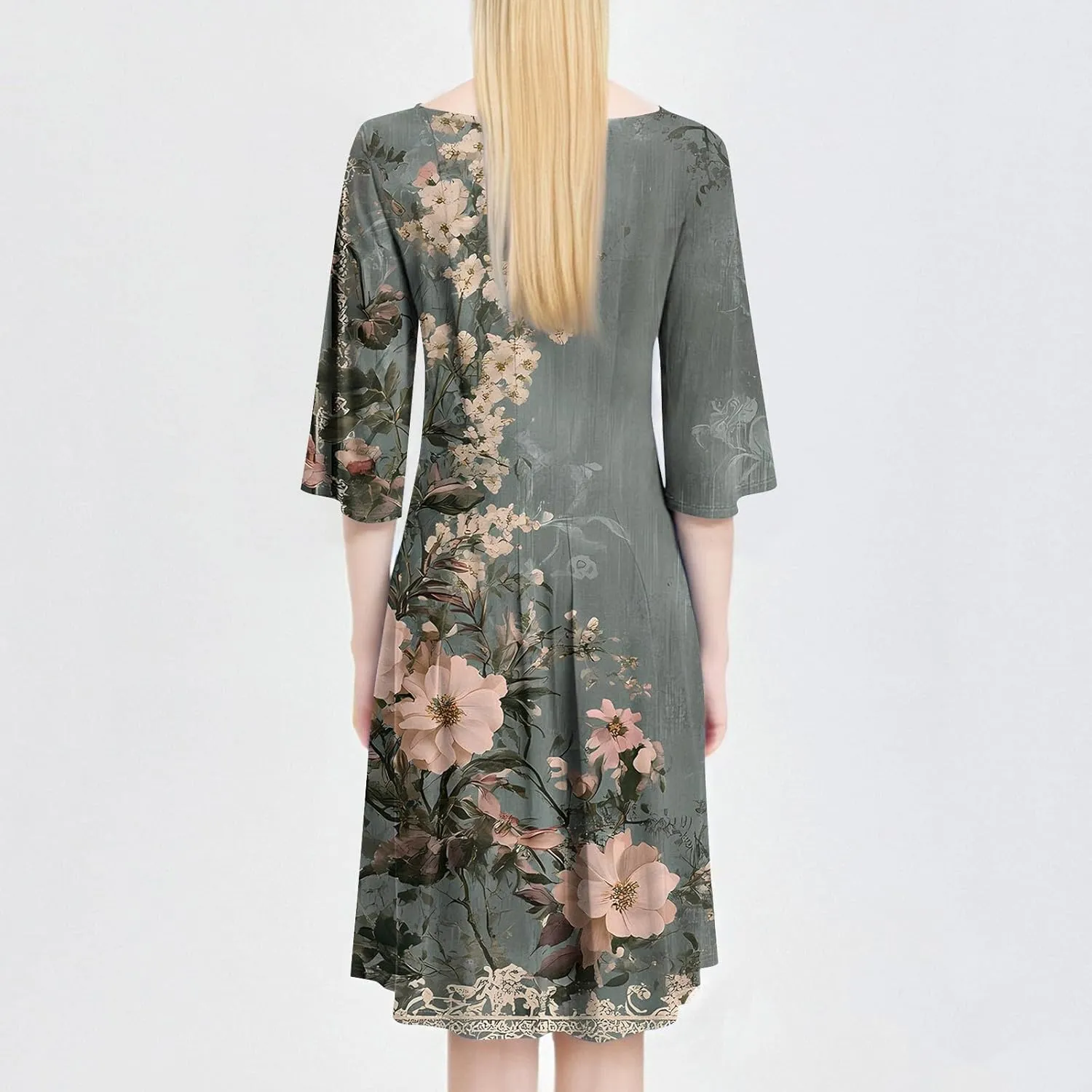 Spring Dresses for Women 2025 3/4 Sleeve Round Neck Church Dresses Pleated Knee Length Dress with Pockets Curvy Dress
