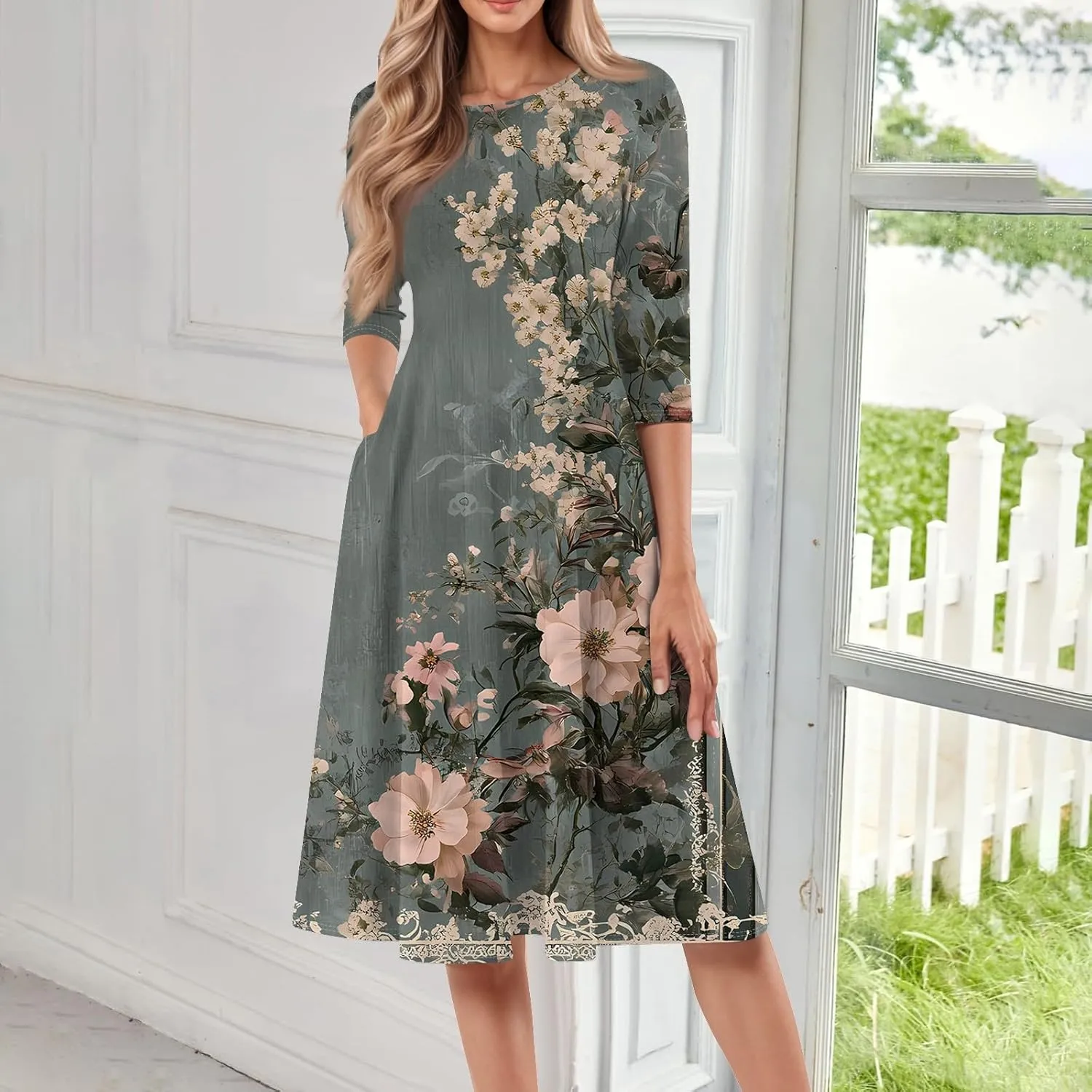 Spring Dresses for Women 2025 3/4 Sleeve Round Neck Church Dresses Pleated Knee Length Dress with Pockets Curvy Dress