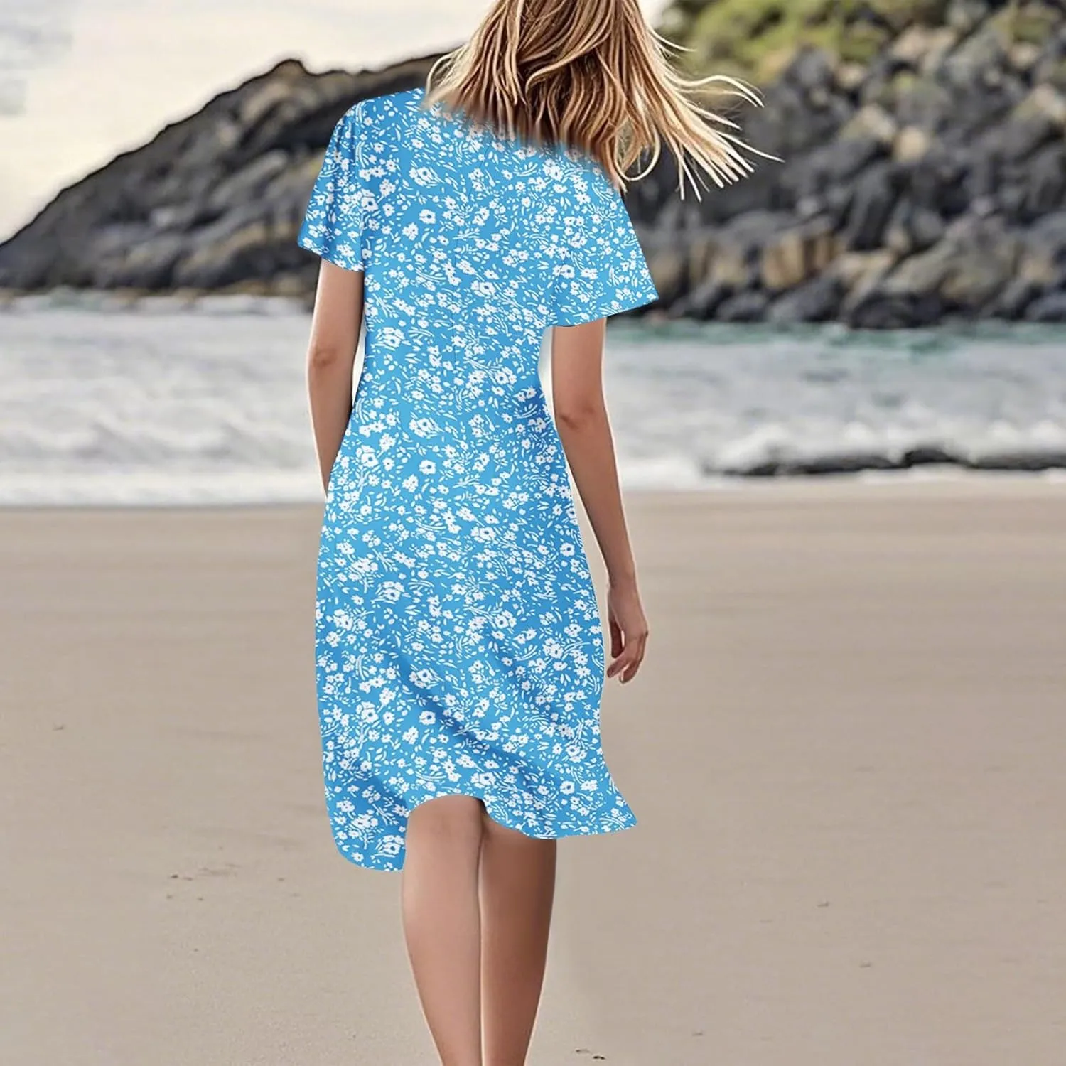 Spring Dresses for Women 2025 Casual Flowy Wedding Dress Ruffle Short Sleeve Floral Dresses Midi Chiffon Dress