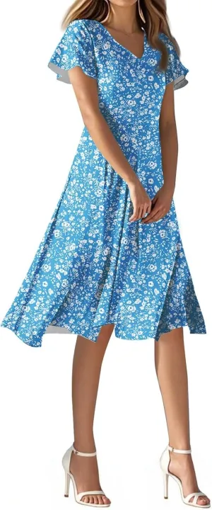 Spring Dresses for Women 2025 Casual Flowy Wedding Dress Ruffle Short Sleeve Floral Dresses Midi Chiffon Dress