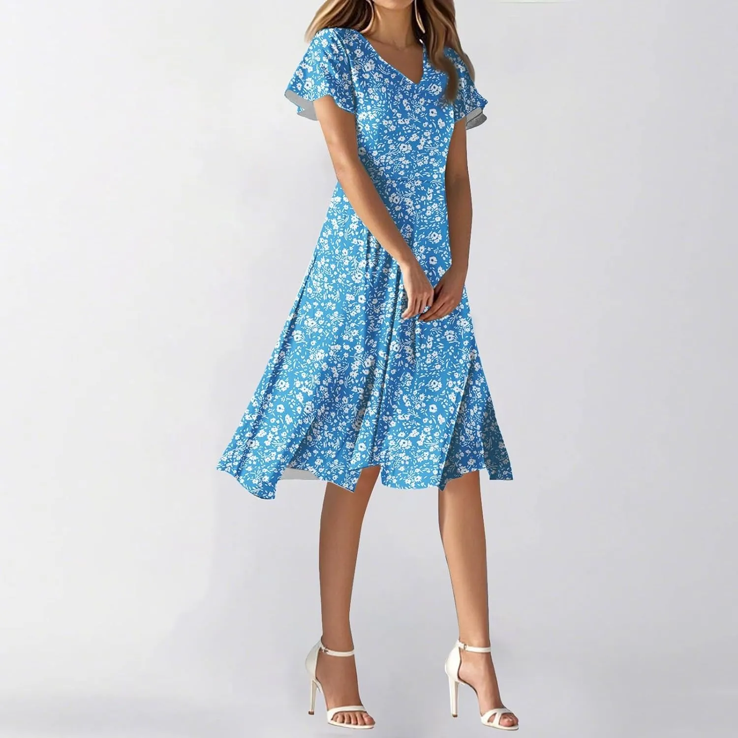 Spring Dresses for Women 2025 Casual Flowy Wedding Dress Ruffle Short Sleeve Floral Dresses Midi Chiffon Dress