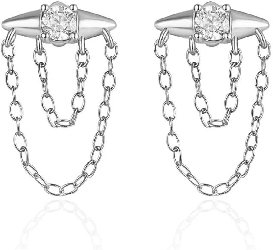 Stella Strands 14K White Gold Plated Double Piercing Dangle Chain Earrings Sterling Silver Studs CZ Stone Dangling Threaders Hypoallergenic Jewelry New Threader Minimalist Design