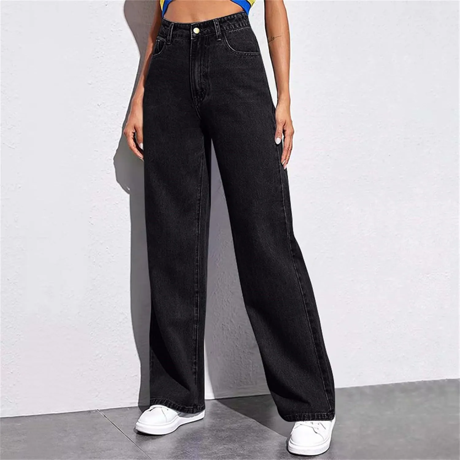 Straight Leg Jeans for Women,Trendy Retro High Waisted Wide Leg Stretch Boyfriend Denim Pants with Pockets
