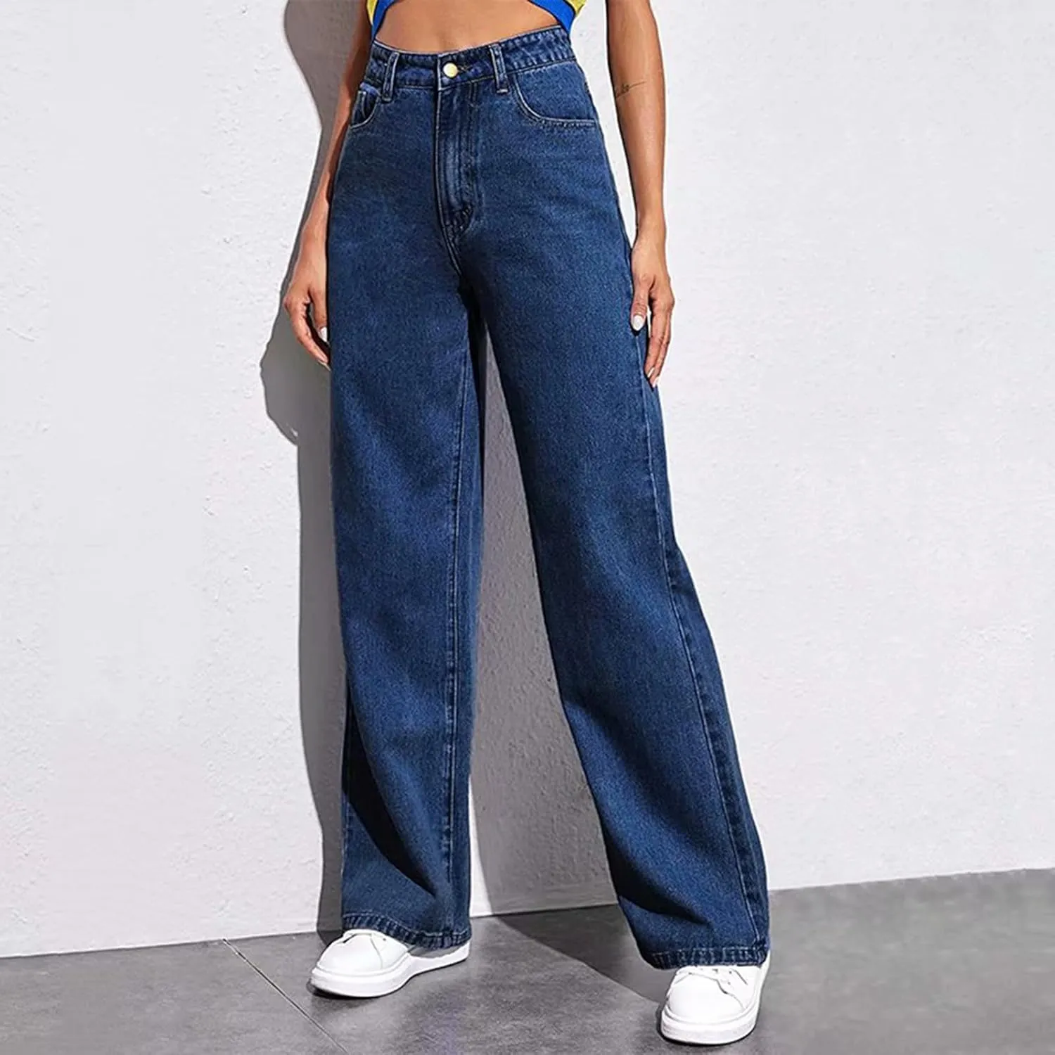 Straight Leg Jeans for Women,Trendy Retro High Waisted Wide Leg Stretch Boyfriend Denim Pants with Pockets