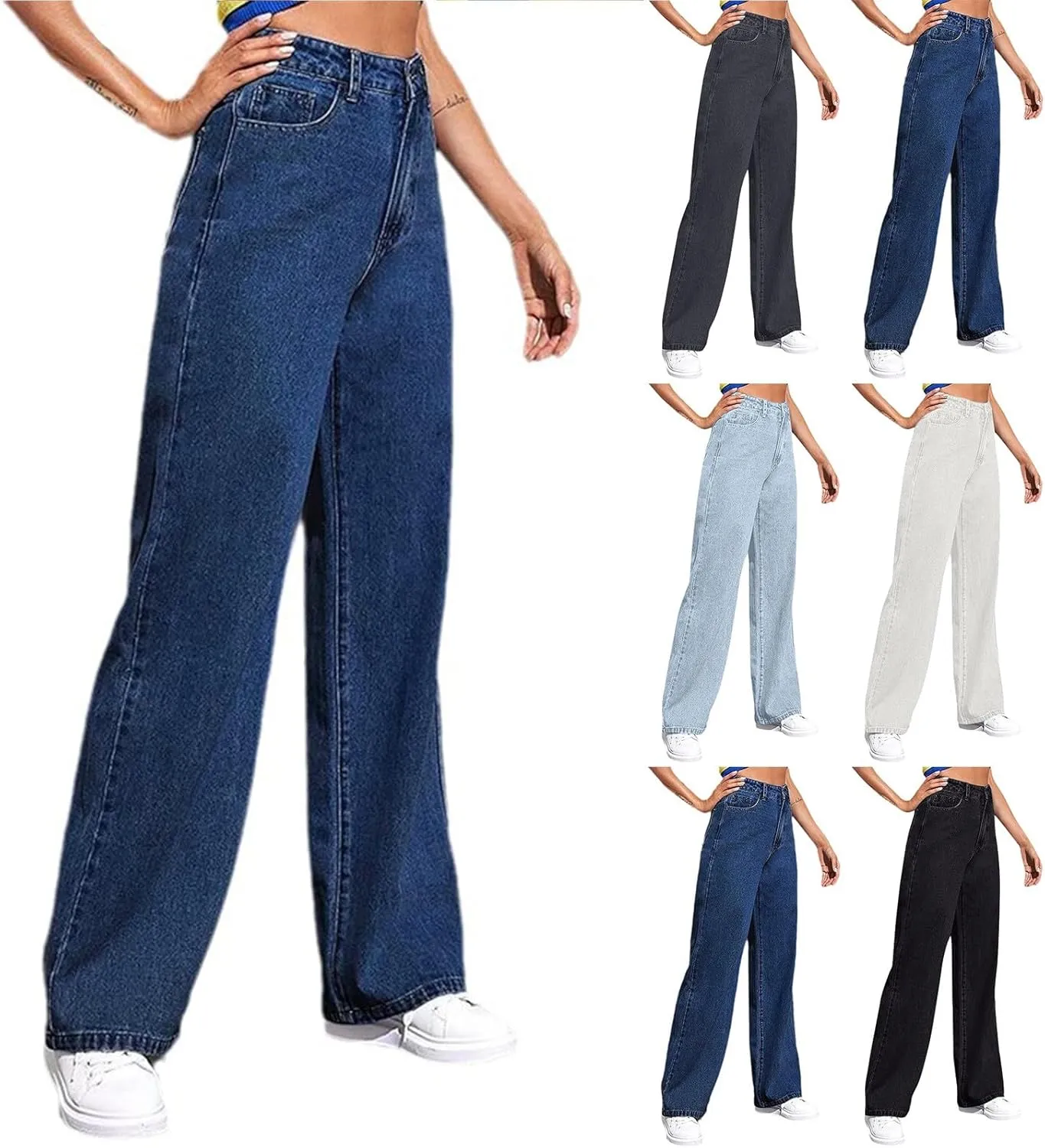 Straight Leg Jeans for Women,Trendy Retro High Waisted Wide Leg Stretch Boyfriend Denim Pants with Pockets