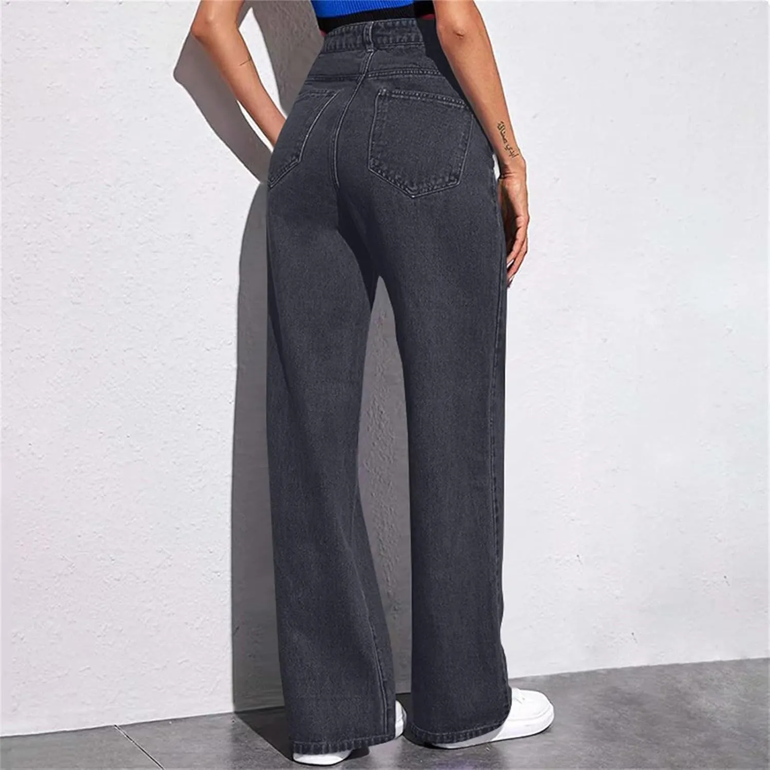 Straight Leg Jeans for Women,Trendy Retro High Waisted Wide Leg Stretch Boyfriend Denim Pants with Pockets