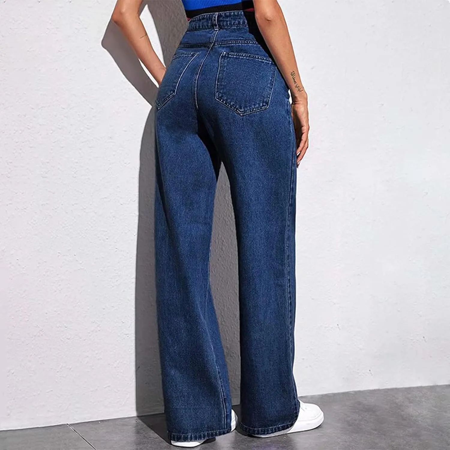 Straight Leg Jeans for Women,Trendy Retro High Waisted Wide Leg Stretch Boyfriend Denim Pants with Pockets