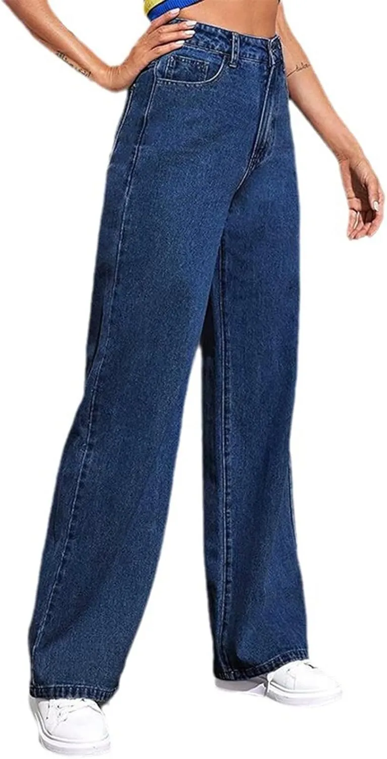 Straight Leg Jeans for Women,Trendy Retro High Waisted Wide Leg Stretch Boyfriend Denim Pants with Pockets