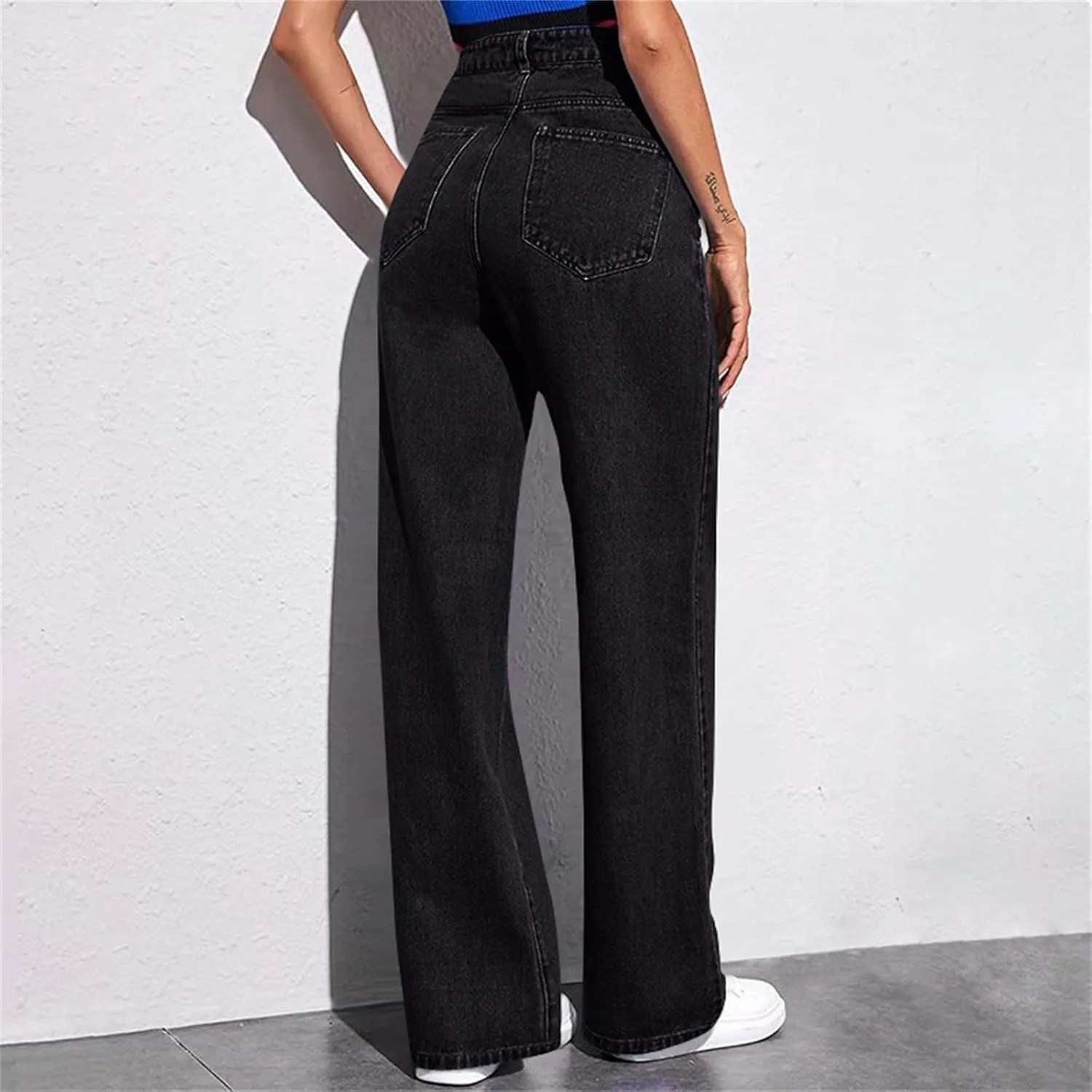 Straight Leg Jeans for Women,Trendy Retro High Waisted Wide Leg Stretch Boyfriend Denim Pants with Pockets