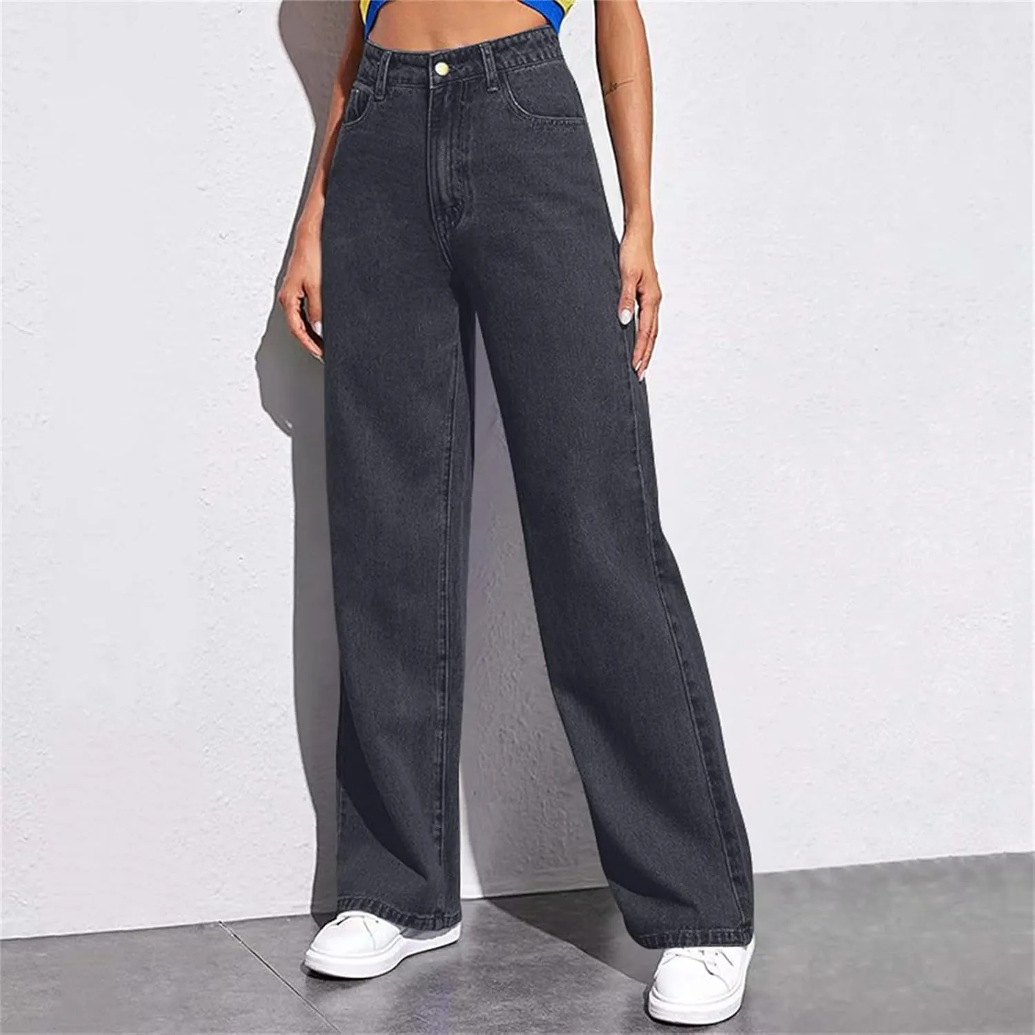 Straight Leg Jeans for Women,Trendy Retro High Waisted Wide Leg Stretch Boyfriend Denim Pants with Pockets