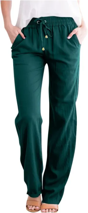 Straight Leg Linen Pants Women Summer High Waist Loose Casual Pants Comfy Lightweight Breathable Vacation Travel Pants