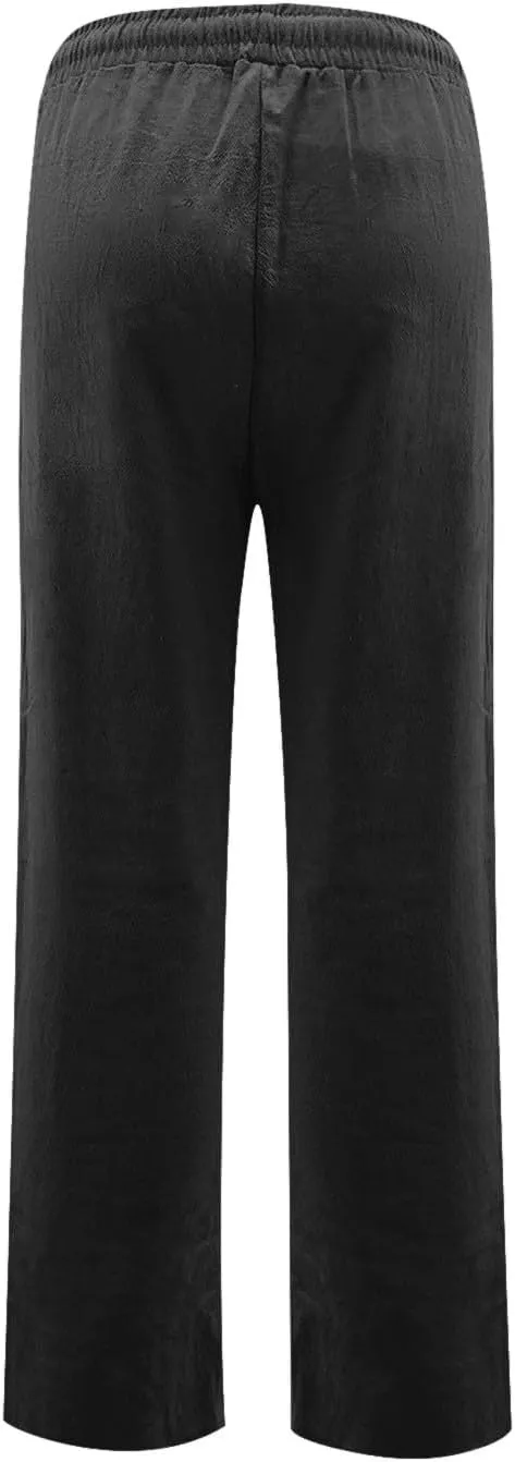 Straight Leg Linen Pants Women Summer High Waist Loose Casual Pants Comfy Lightweight Breathable Vacation Travel Pants