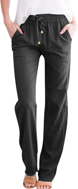Straight Leg Linen Pants Women Summer High Waist Loose Casual Pants Comfy Lightweight Breathable Vacation Travel Pants