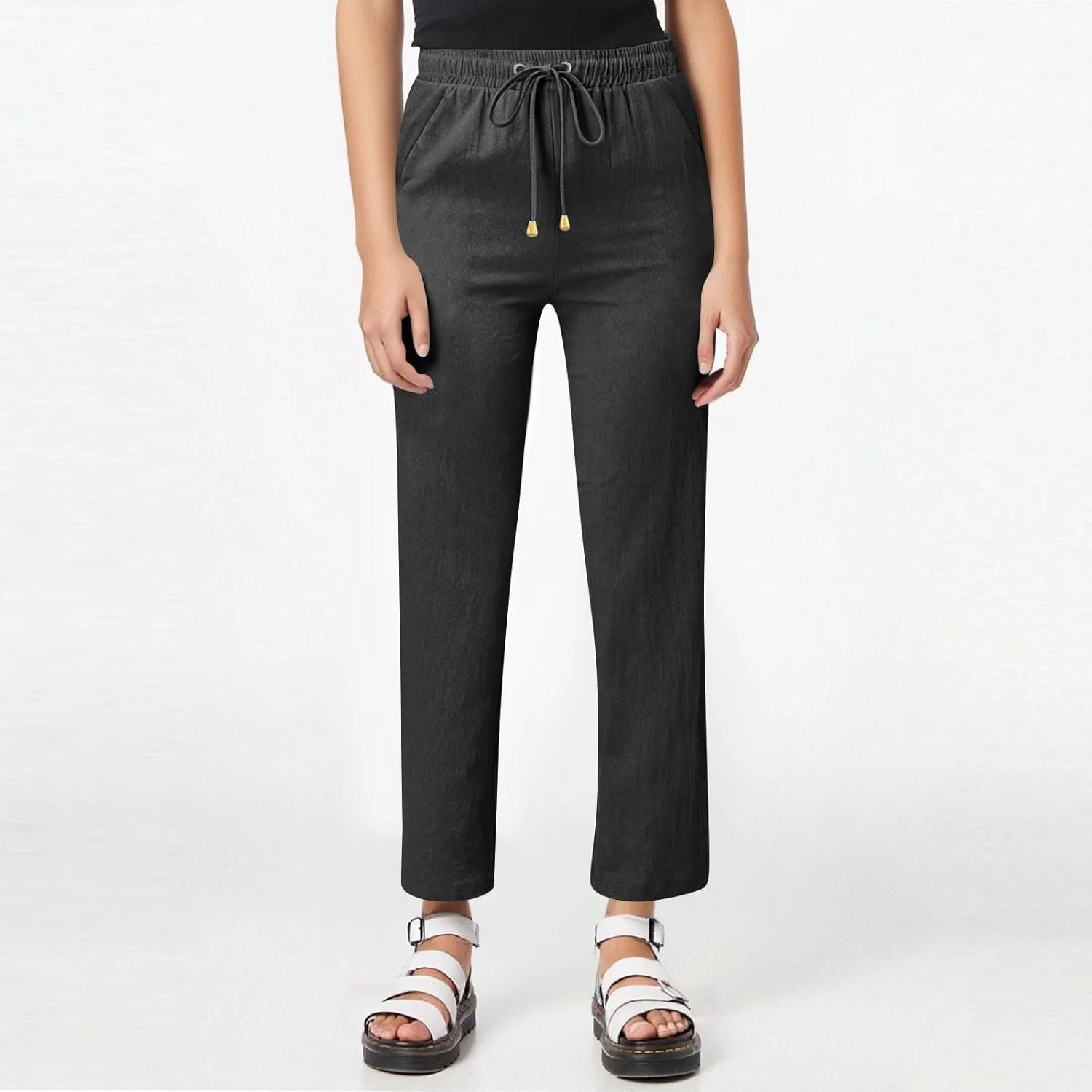 Straight Leg Linen Pants Women Summer High Waist Loose Casual Pants Comfy Lightweight Breathable Vacation Travel Pants