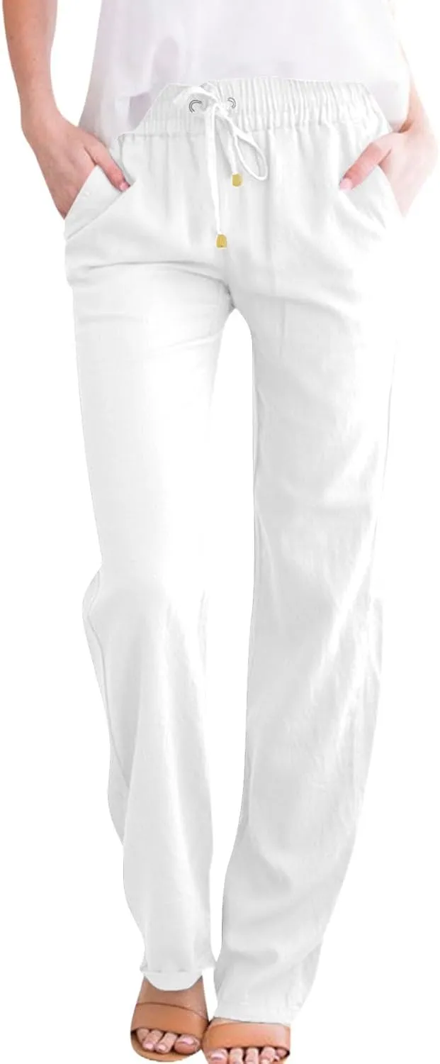 Straight Leg Linen Pants Women Summer High Waist Loose Casual Pants Comfy Lightweight Breathable Vacation Travel Pants