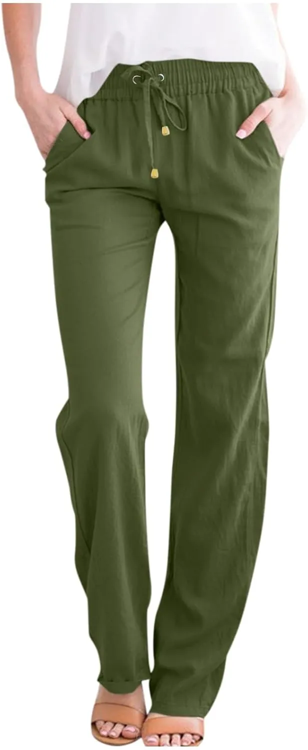 Straight Leg Linen Pants Women Summer High Waist Loose Casual Pants Comfy Lightweight Breathable Vacation Travel Pants