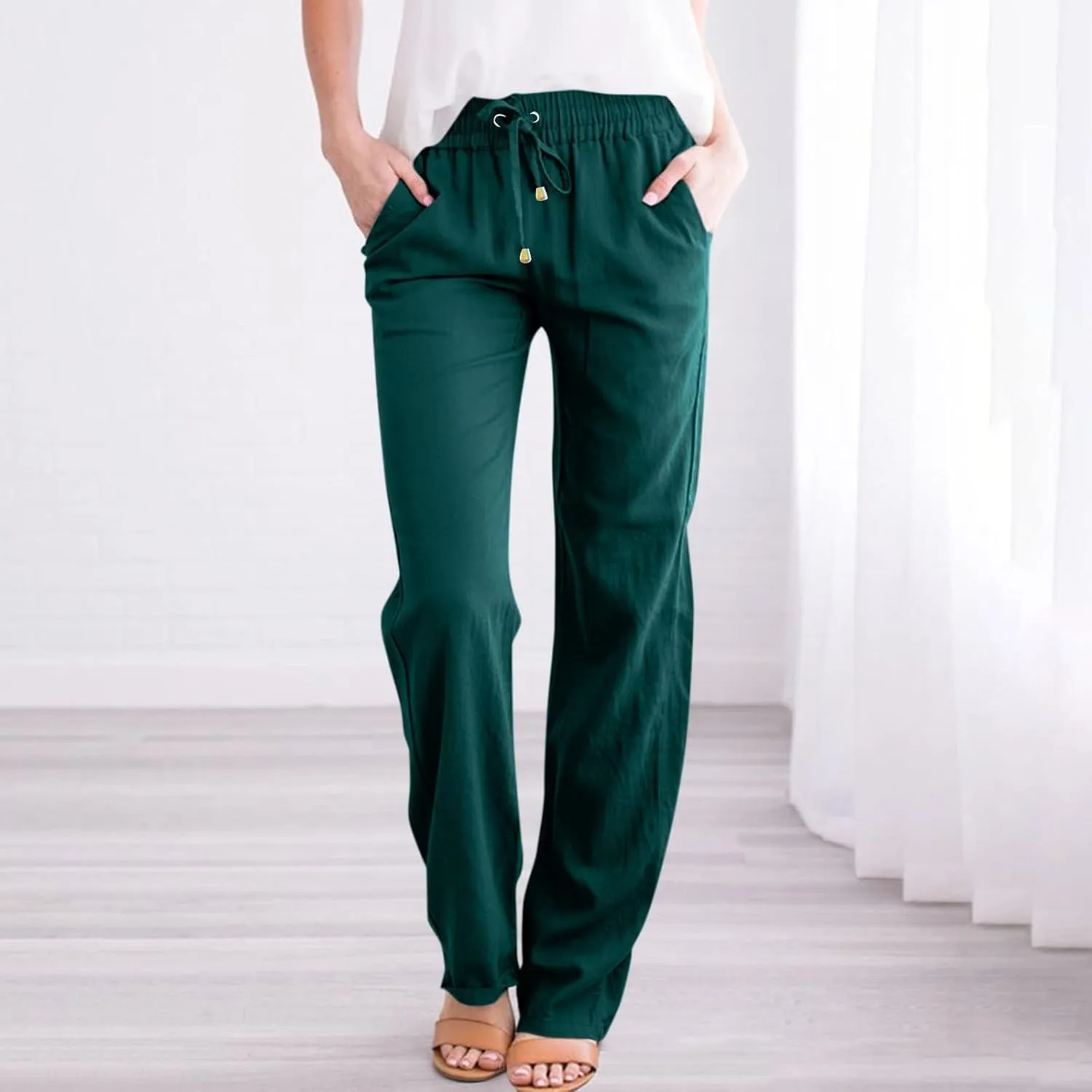 Straight Leg Linen Pants Women Summer High Waist Loose Casual Pants Comfy Lightweight Breathable Vacation Travel Pants
