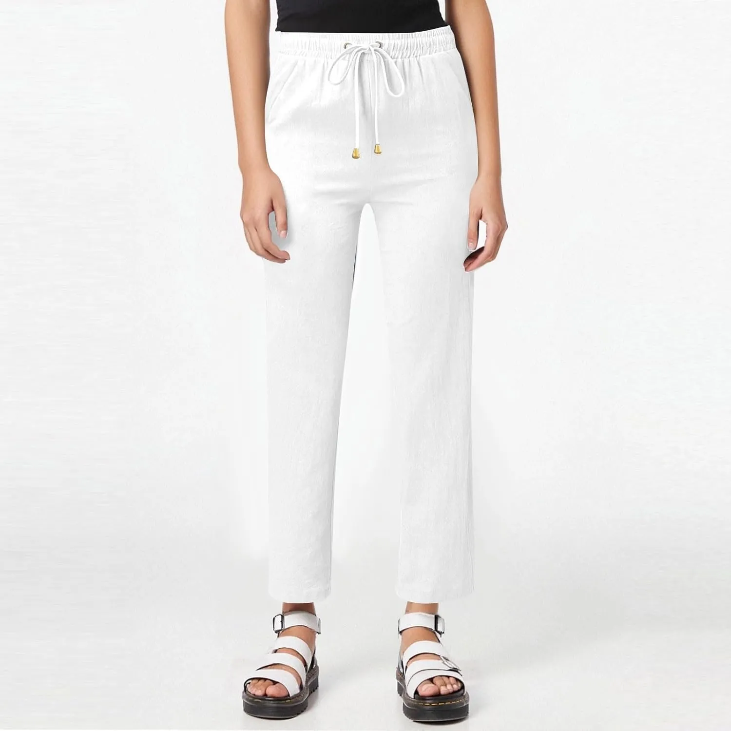 Straight Leg Linen Pants Women Summer High Waist Loose Casual Pants Comfy Lightweight Breathable Vacation Travel Pants