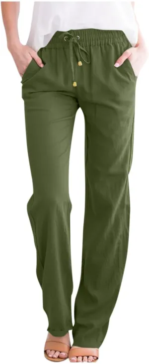 Straight Leg Linen Pants Women Summer High Waist Loose Casual Pants Comfy Lightweight Breathable Vacation Travel Pants