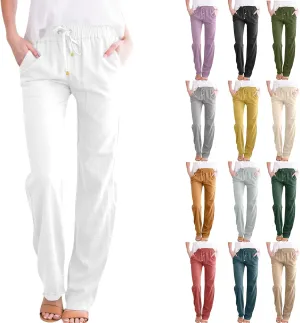 Straight Leg Linen Pants Women Summer High Waist Loose Casual Pants Comfy Lightweight Breathable Vacation Travel Pants