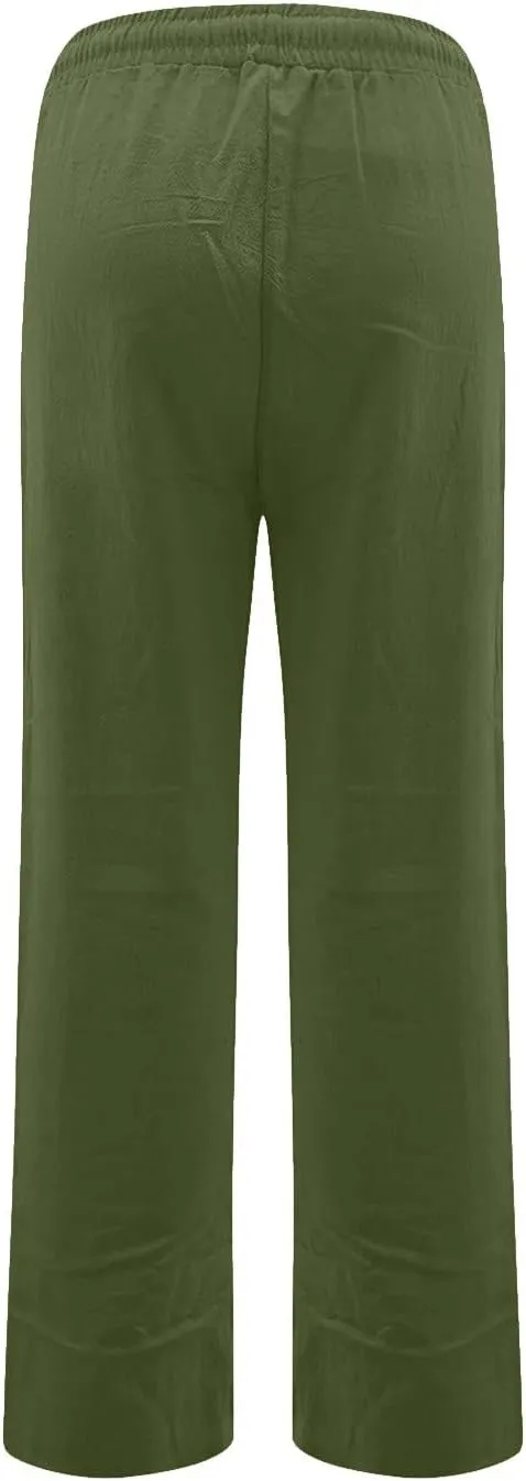 Straight Leg Linen Pants Women Summer High Waist Loose Casual Pants Comfy Lightweight Breathable Vacation Travel Pants