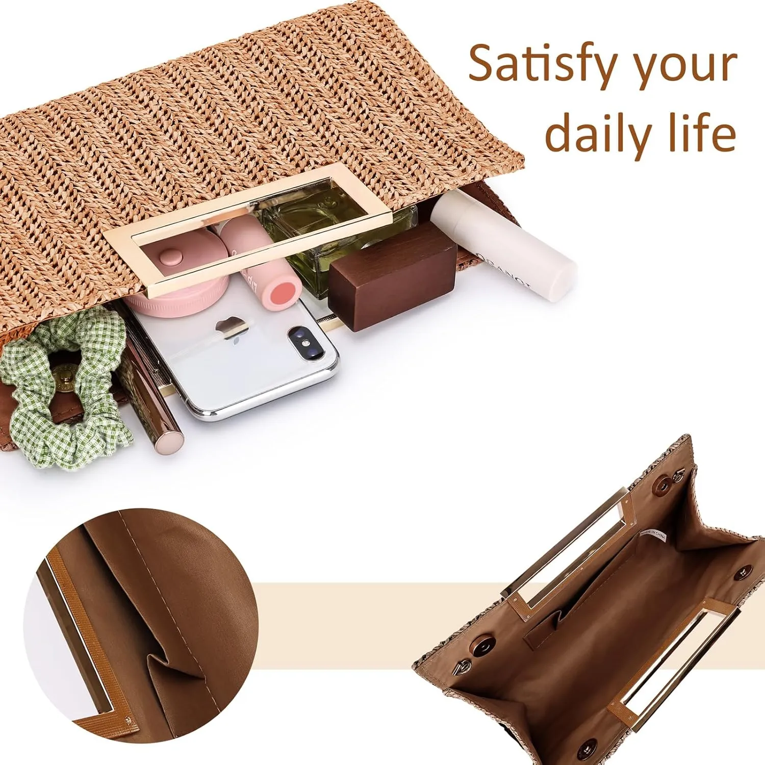 Straw Clutch for Women - Beach Vacation Raffia Bag, Trends Cute Purse, Beach Bag