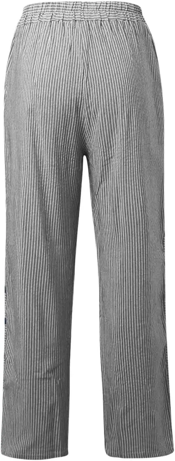 Striped Casual Pants for Women Elastic Waist Side Button Beach Trouser Pants with Pockets Summer Vacation Pants