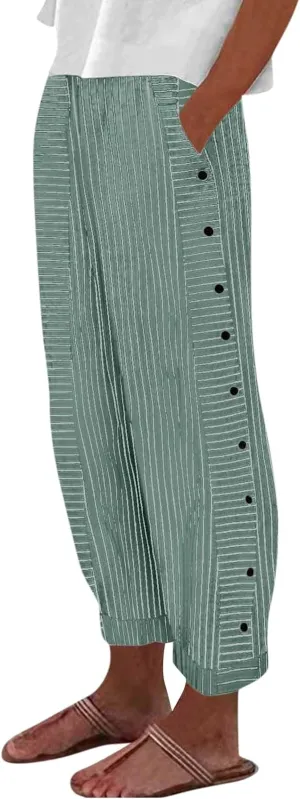 Striped Casual Pants for Women Elastic Waist Side Button Beach Trouser Pants with Pockets Summer Vacation Pants