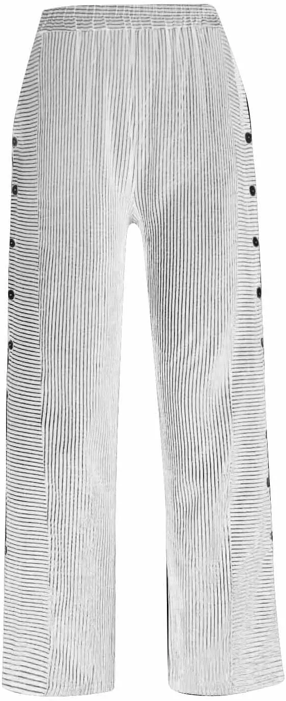 Striped Casual Pants for Women Elastic Waist Side Button Beach Trouser Pants with Pockets Summer Vacation Pants