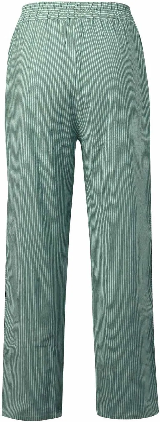 Striped Casual Pants for Women Elastic Waist Side Button Beach Trouser Pants with Pockets Summer Vacation Pants