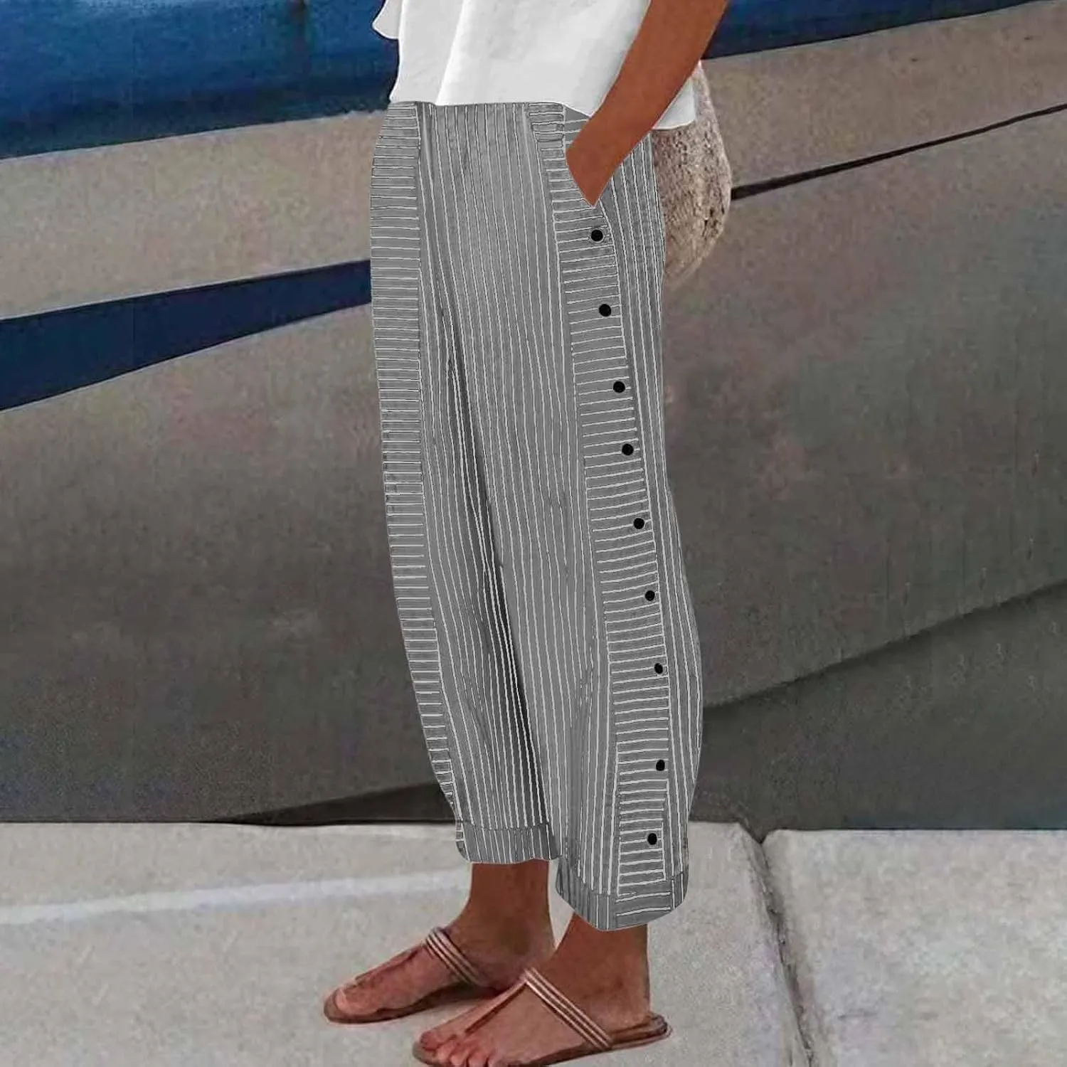 Striped Casual Pants for Women Elastic Waist Side Button Beach Trouser Pants with Pockets Summer Vacation Pants