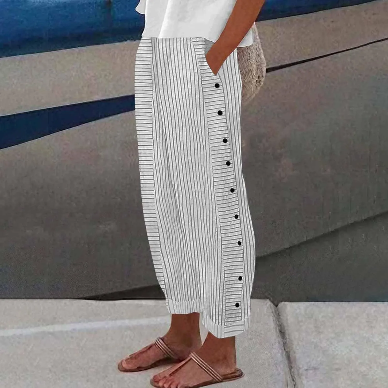 Striped Casual Pants for Women Elastic Waist Side Button Beach Trouser Pants with Pockets Summer Vacation Pants