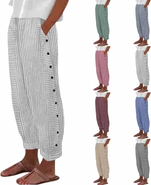 Striped Casual Pants for Women Elastic Waist Side Button Beach Trouser Pants with Pockets Summer Vacation Pants