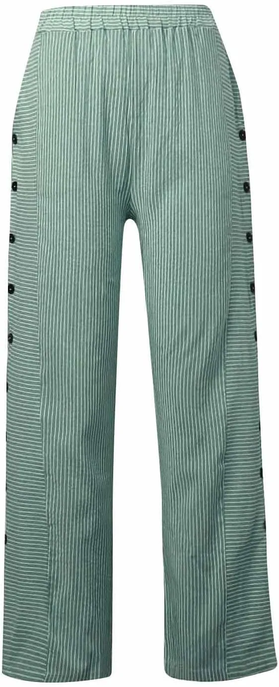 Striped Casual Pants for Women Elastic Waist Side Button Beach Trouser Pants with Pockets Summer Vacation Pants
