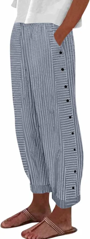 Striped Casual Pants for Women Elastic Waist Side Button Beach Trouser Pants with Pockets Summer Vacation Pants