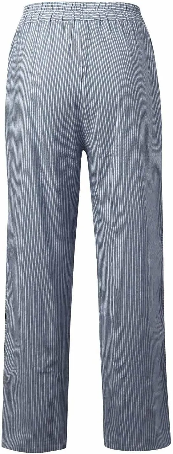 Striped Casual Pants for Women Elastic Waist Side Button Beach Trouser Pants with Pockets Summer Vacation Pants