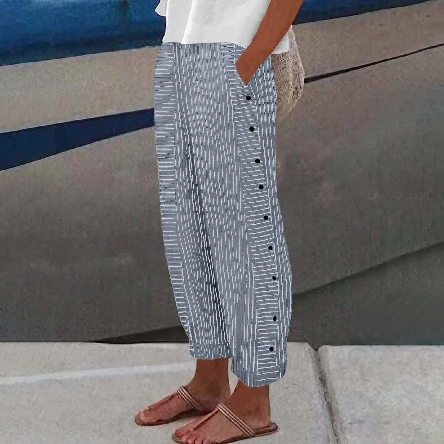 Striped Casual Pants for Women Elastic Waist Side Button Beach Trouser Pants with Pockets Summer Vacation Pants
