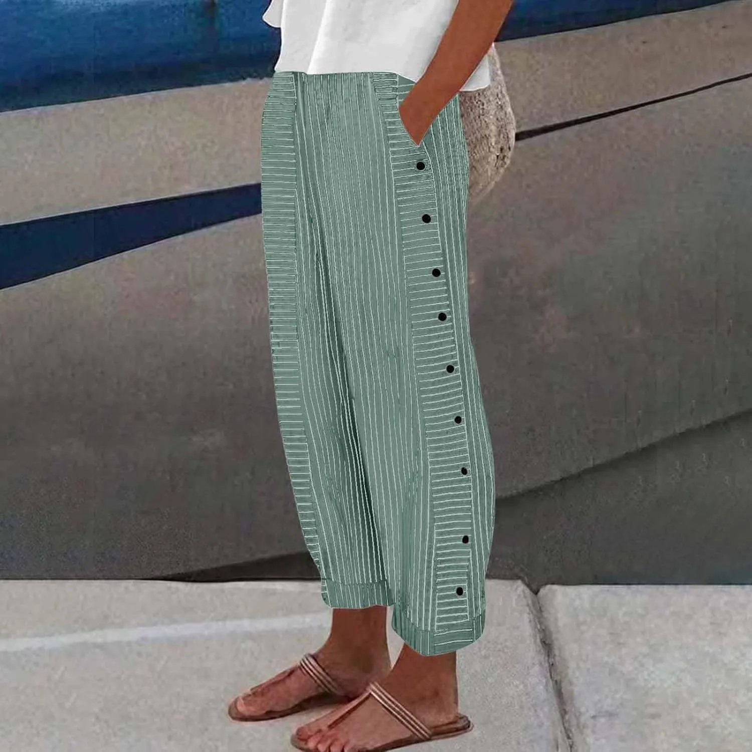 Striped Casual Pants for Women Elastic Waist Side Button Beach Trouser Pants with Pockets Summer Vacation Pants