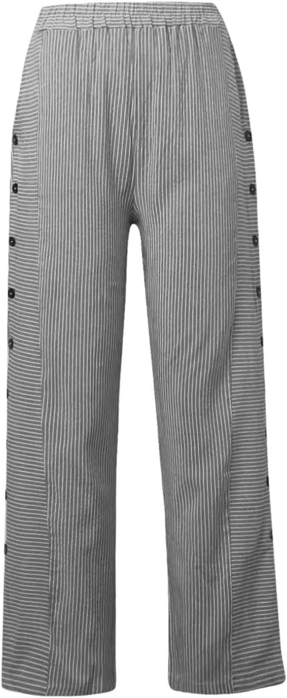 Striped Casual Pants for Women Elastic Waist Side Button Beach Trouser Pants with Pockets Summer Vacation Pants