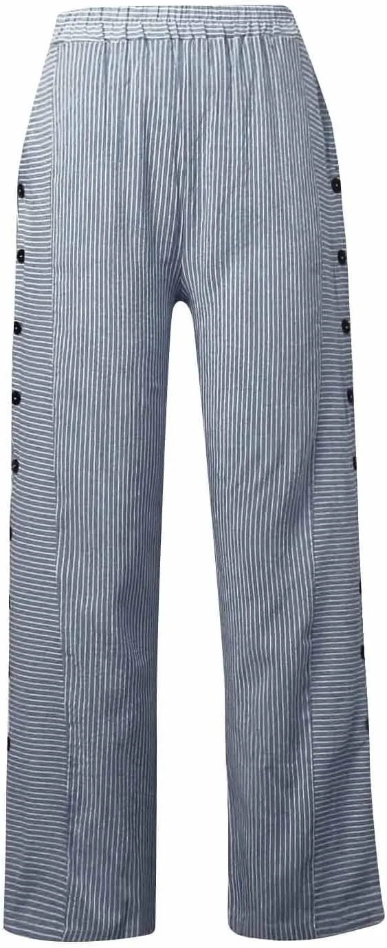 Striped Casual Pants for Women Elastic Waist Side Button Beach Trouser Pants with Pockets Summer Vacation Pants