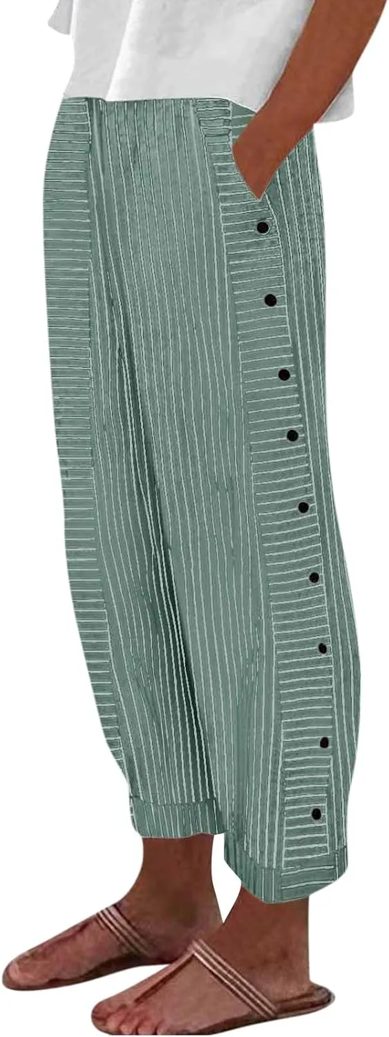 Striped Casual Pants for Women Elastic Waist Side Button Beach Trouser Pants with Pockets Summer Vacation Pants